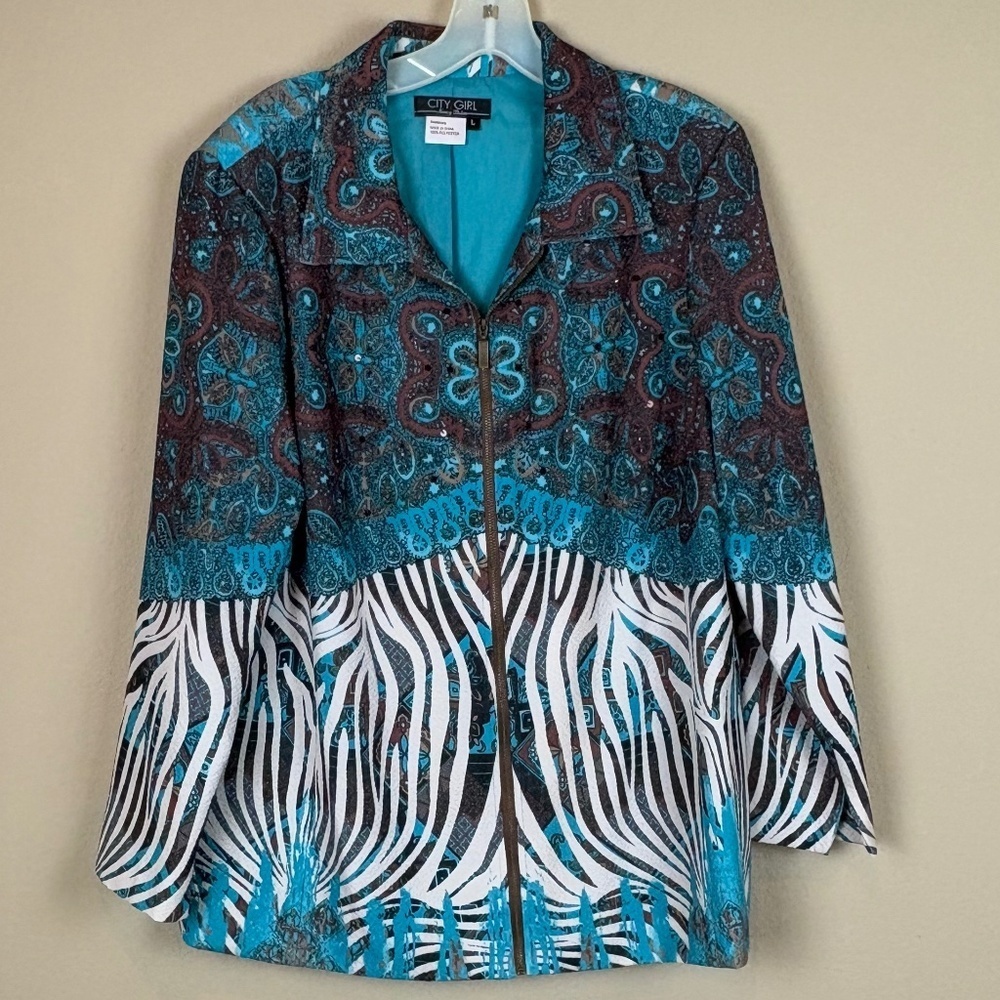 Nancy Bolen City Girl Vintage Turquoise/Brown/Off White Animal Print Jacket